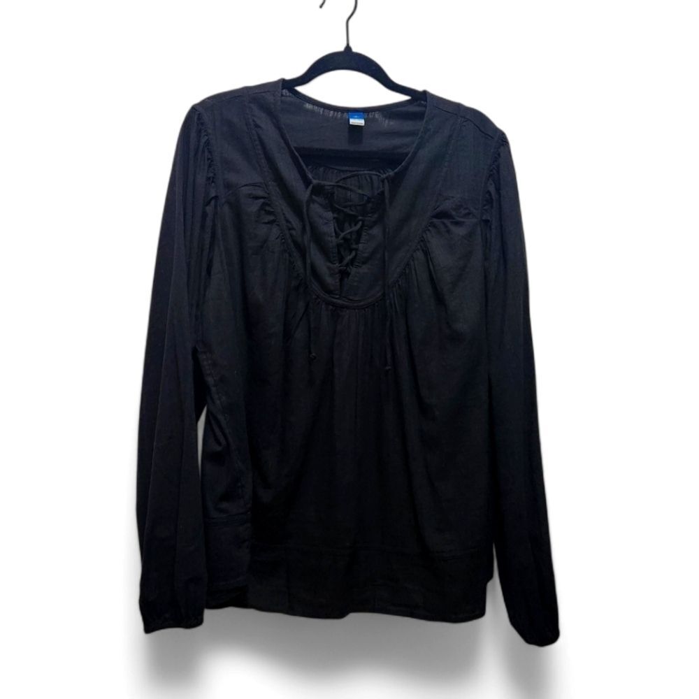 Old Navy L Tall Black Lace Up Peasant Blouse Boho Witchy Goth Long Sleeve